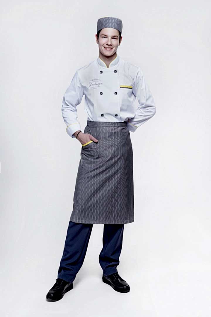 Костюм повара мужской: китель КП-26-6, брюки БРМ-1-1, фартук Ф-30 и головной убор ГУ-28